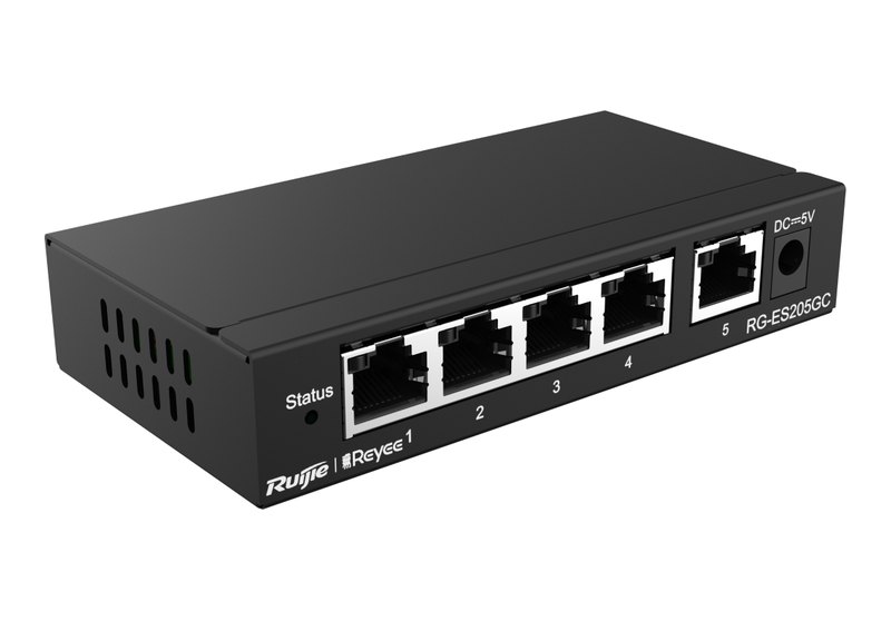 Ruijie RG-ES205GC, Switch Layer 2 quản lý Cloud, 5 cổng Gigabit, không PoE, adapter DC 5 V