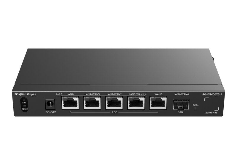 Ruijie RG-EG406XS-P, Router PoE quản lý qua Cloud, 5 cổng 2,5G (4 PoE/PoE+ 110 W) và 1 khe SFP+ 10GE