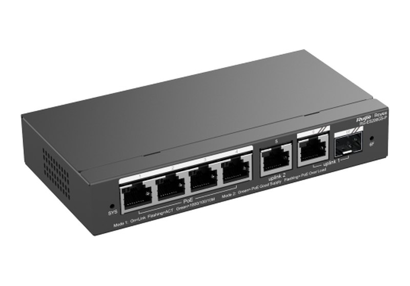 Ruijie RG-ES206GS-P, Switch PoE quản lý Cloud ES200, 6 cổng Gigabit, 1 cổng combo SFP 1GE, 4 PoE+ 54 W