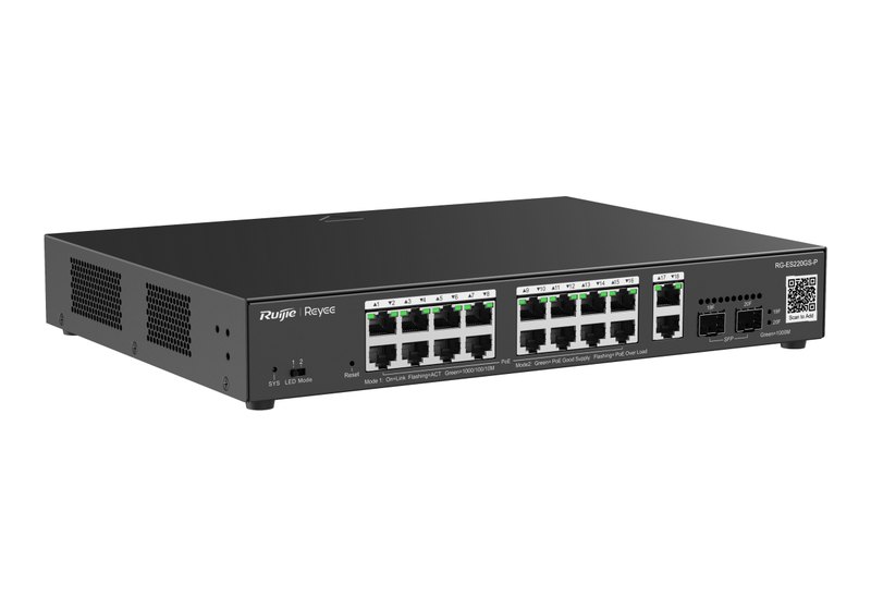 Ruijie RG-ES220GS-P, Switch PoE quản lý Cloud ES200, 2 cổng SFP 1GE, 18 cổng Gigabit, 16 PoE+ 250 W, rack