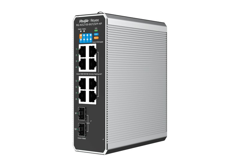 Ruijie RG-NIS2100-8GT2SFP-HP, Switch công nghiệp 10 cổng quản lý Cloud, 8 cổng PoE (1 PoE++), 2 SFP 1GE, PoE 228–300 W