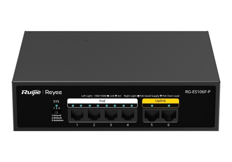 Ruijie RG-ES106F-P, Switch PoE không quản lý 6 cổng 10/100 Mbps, 4 cổng PoE+ 54 W, vỏ kim loại, nguồn AC