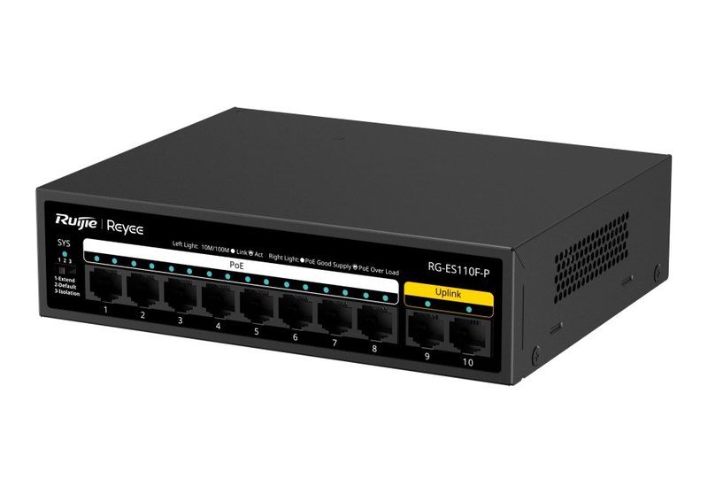 Ruijie RG-ES110F-P, Switch PoE không quản lý 10 cổng 10/100 Mbps, 8 cổng PoE+ 110 W, vỏ kim loại, nguồn AC