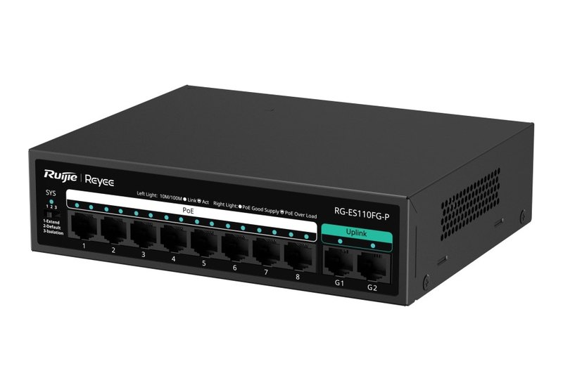 Ruijie RG-ES110FG-P, Switch PoE không quản lý 8 cổng 10/100 PoE+ 110 W, 2 cổng uplink Gigabit, vỏ kim loại