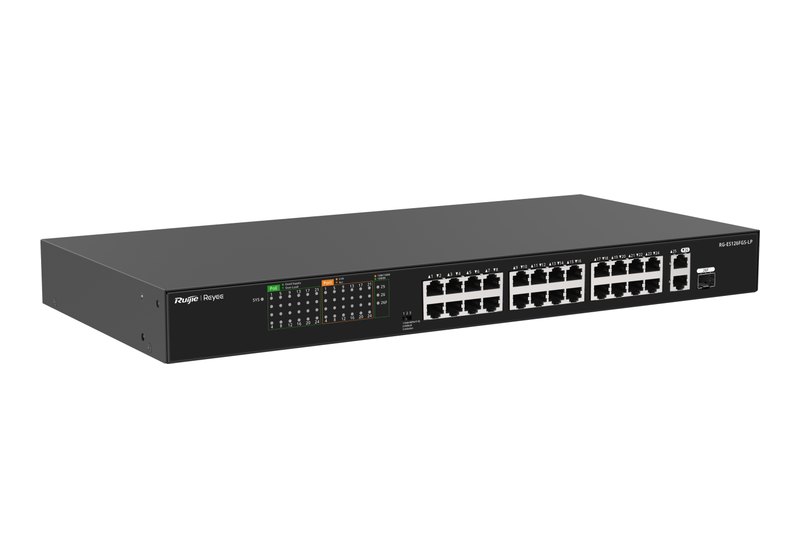 Ruijie RG-ES126FGS-LP, Switch PoE không quản lý 24 cổng 10/100 PoE+ 180 W, 1 cổng combo 1GE, 1 cổng Gigabit, lắp rack