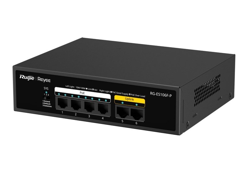 Ruijie RG-ES106F-P mặt trước 6 cổng, ảnh của hãng