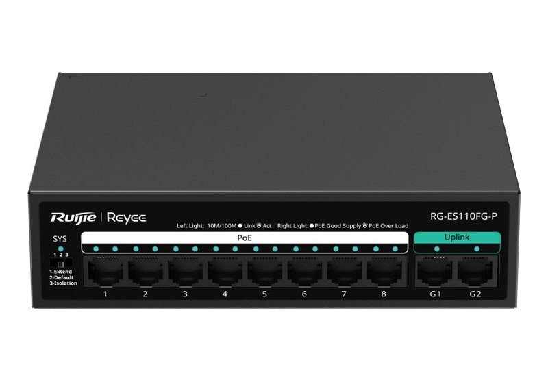 Ruijie RG-ES110FG-P mặt trước với 8 cổng PoE và 2 cổng G1, G2, ảnh của hãng