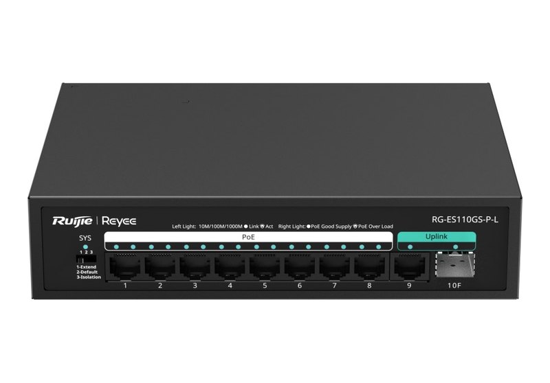 Ruijie RG-ES110GS-P-L mặt trước với 9 cổng RJ45 và 1 khe SFP, ảnh của hãng